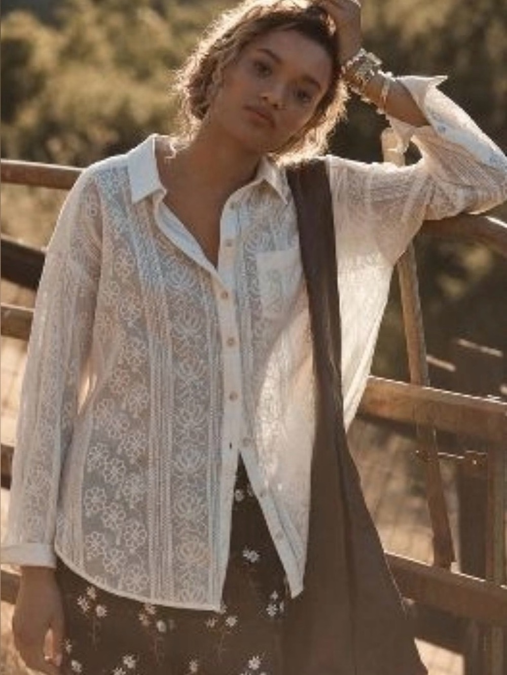 Anthropologie Pilcro White Lace Button-Down Shirt